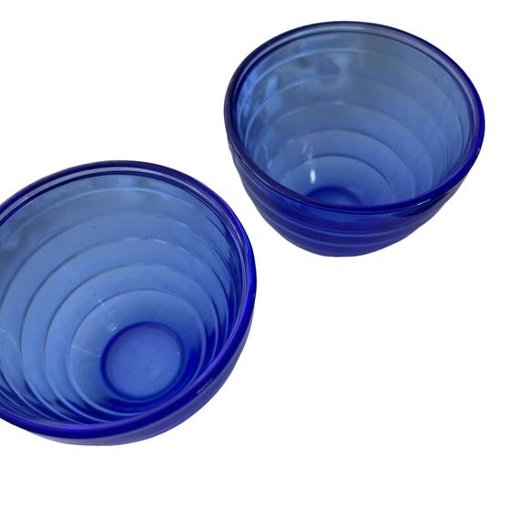 2 Hazel Atlas Cobalt Blue Glass Custard Dish Cups Bowls Ribbed Striped 3" - Picture 3 of 5